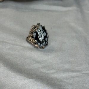 Black and White Snowflake Obsidian Statement Ring - Silver Tone